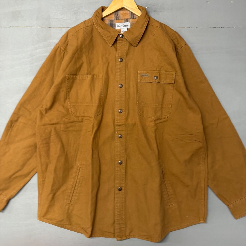 Carhartt Mens Flannel Lined Canvas Shirt Jacket Brown Medium Snap Front Workwear - Picture 2 of 4